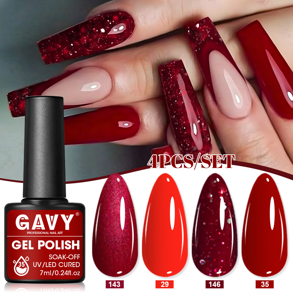 Nail Art Red Wine - 4Pcs Wine Red Solid Glitter Gel