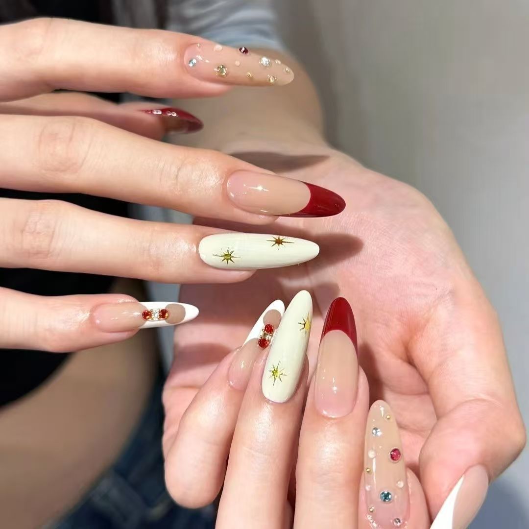 Nail Art Red Wine - 10pcs Handmade Long Oval Press On