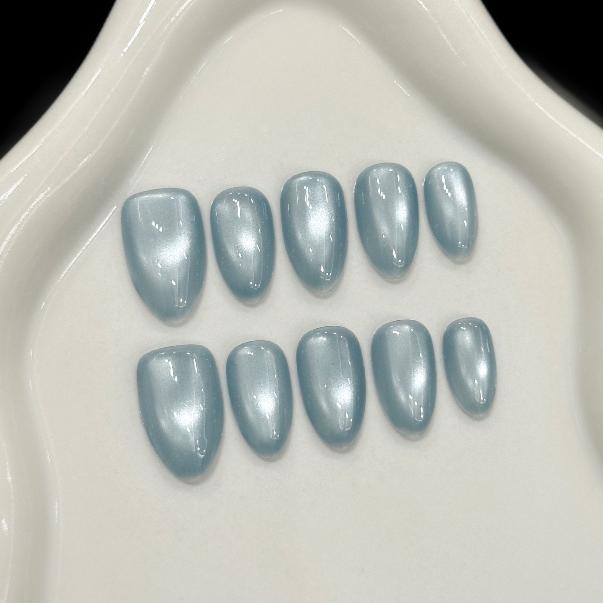 Nail Art Cat Eye - 10Pcs Blue Cat Eye French Short
