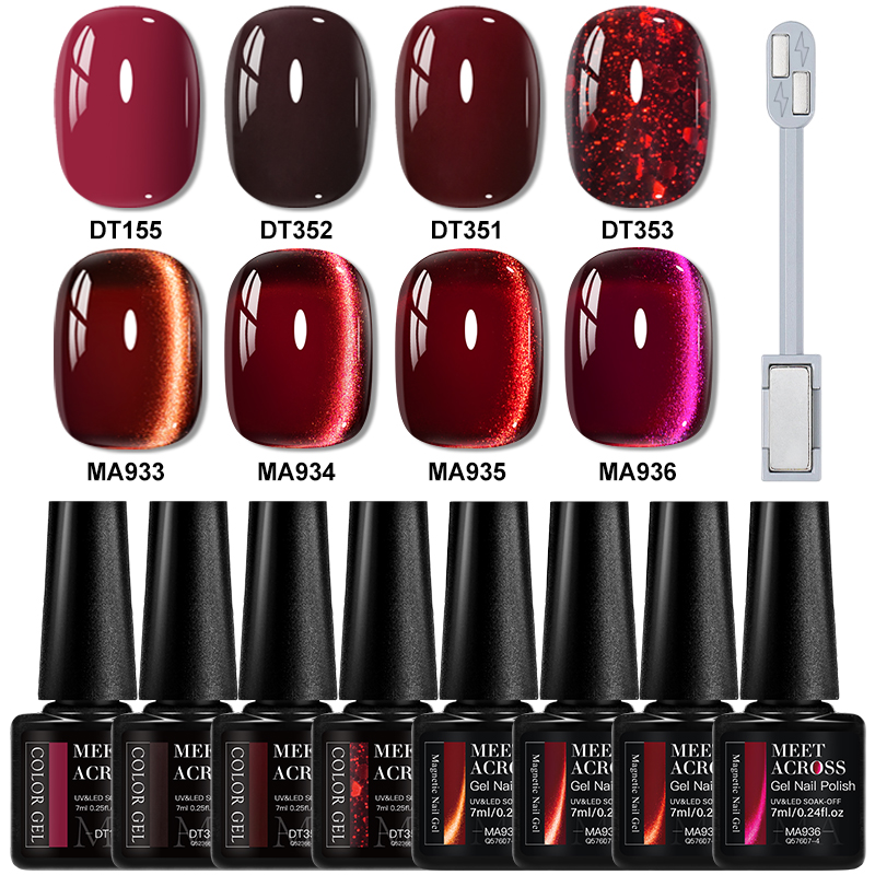 Nail Art Red Wine - 9pcs Red Glitter Cat Magnetic Gel