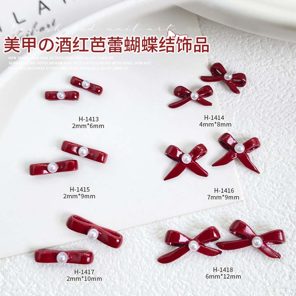 Nail Art Red Wine - 10Pcs New Year's Bow Nail Art
