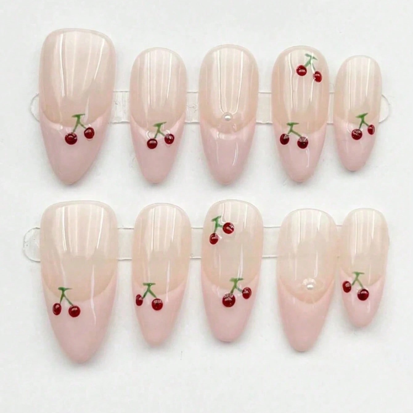 Nail Art Pink - 10pcs Medium Almond Nude Pink Hand-painted