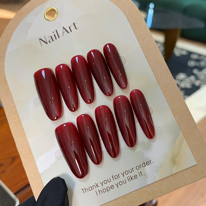 Nail Art Red Wine - 10pcs Wine Red Long Oval Handmade