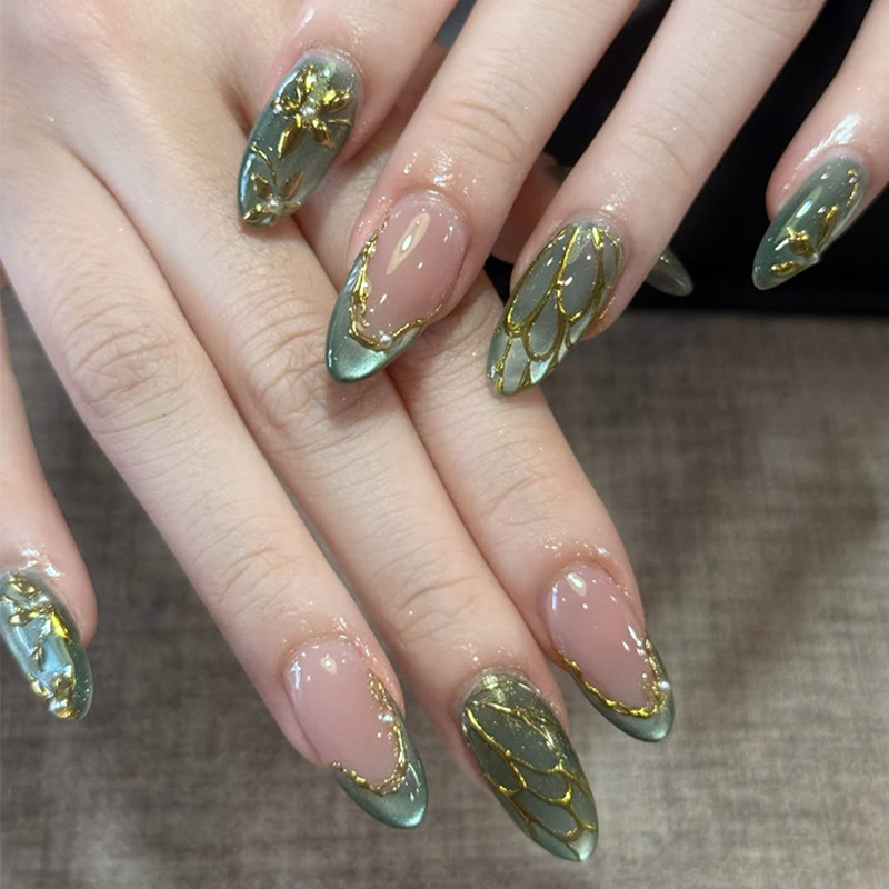 Nail Art Cat Eye - 24pcs Green Cat Eye Fake Nails