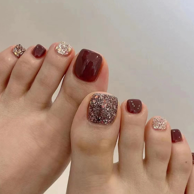 Nail Art Red Wine - 24pcs Wine Red Short Square Head