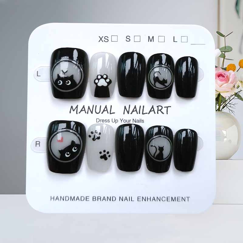 Nail Art Cat Eye Pink - 10Pcs Cute Cartoon Black Cat and