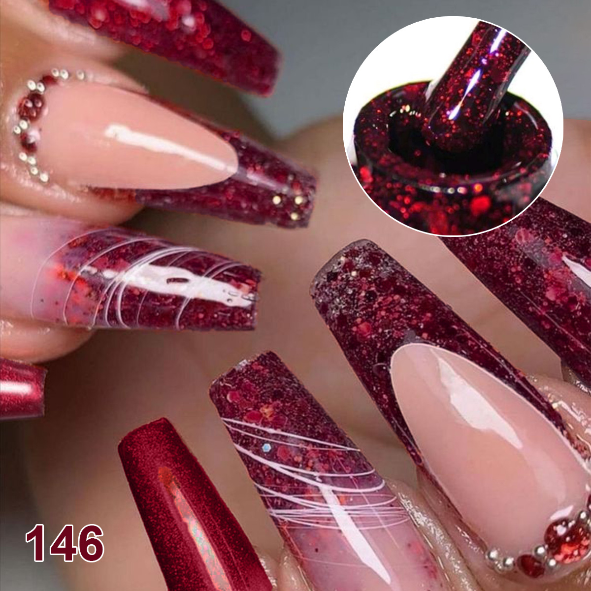 4Pcs Wine Red Solid Glitter Ge - Nail Art Red Wine ulasan dan harga