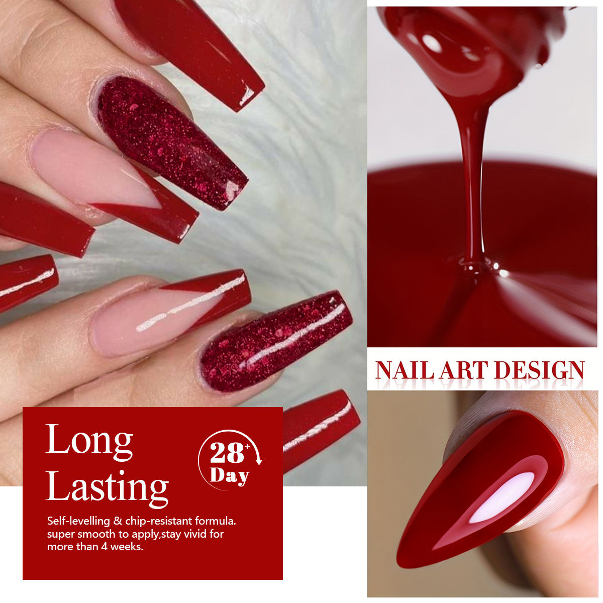 4Pcs Wine Red Solid Glitter Ge - Nail Art Red Wine ulasan dan harga