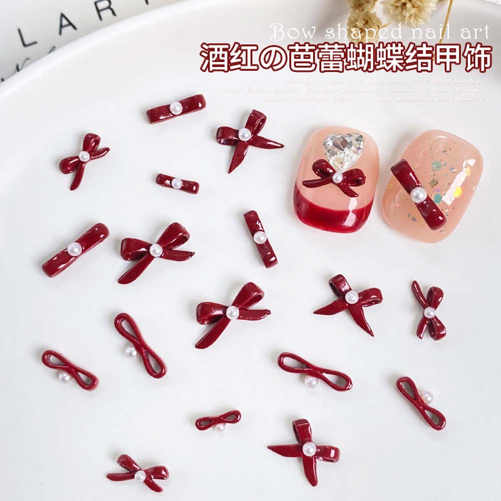 10Pcs New Year's Bow Nail Art  - Nail Art Red Wine ulasan dan harga