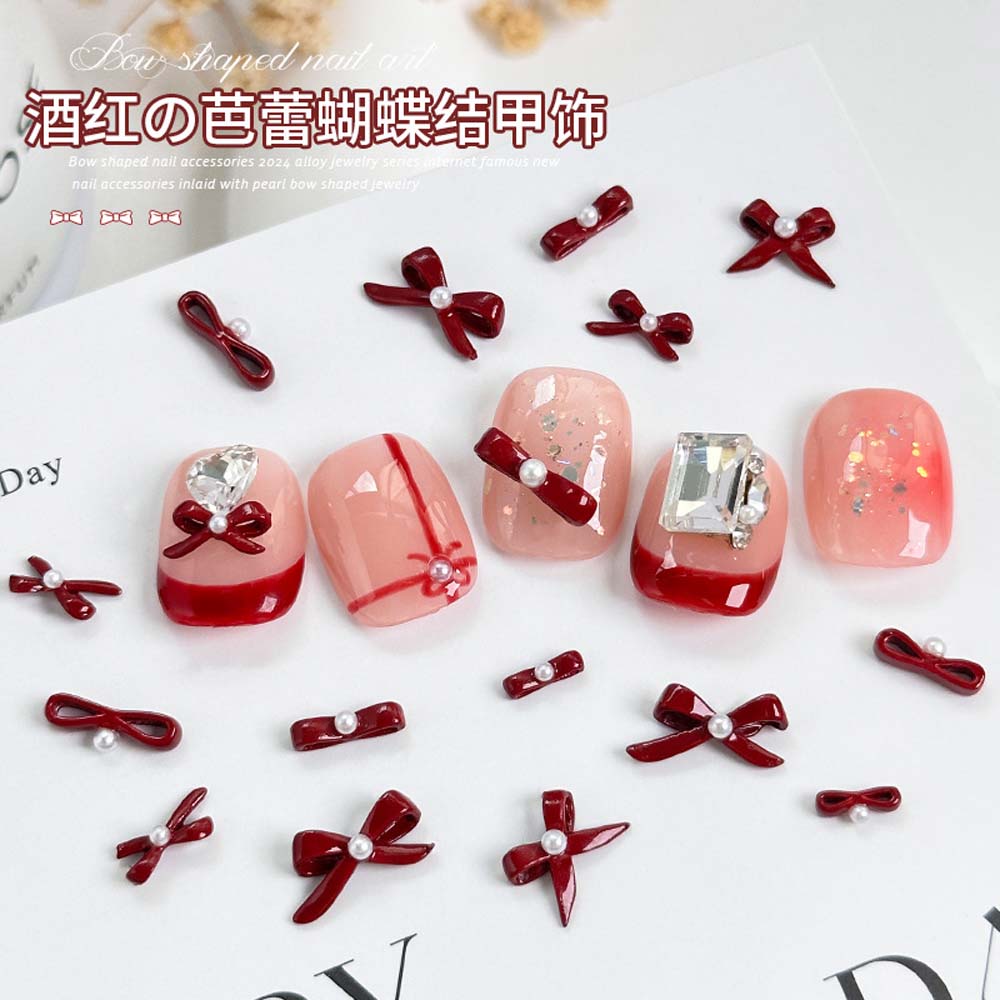 10Pcs New Year's Bow Nail Art  - Nail Art Red Wine ulasan dan harga
