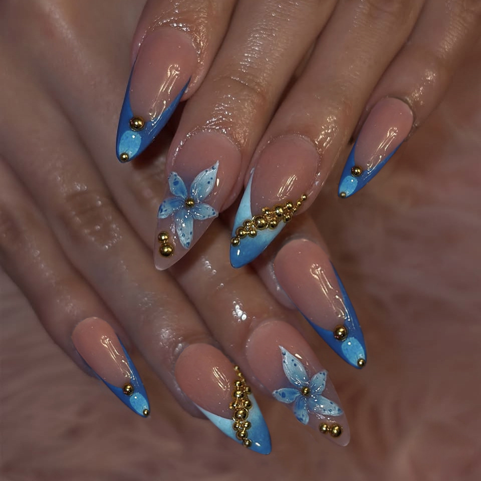 Nude fake nails with pink blue - Nail Art Pink ulasan dan harga