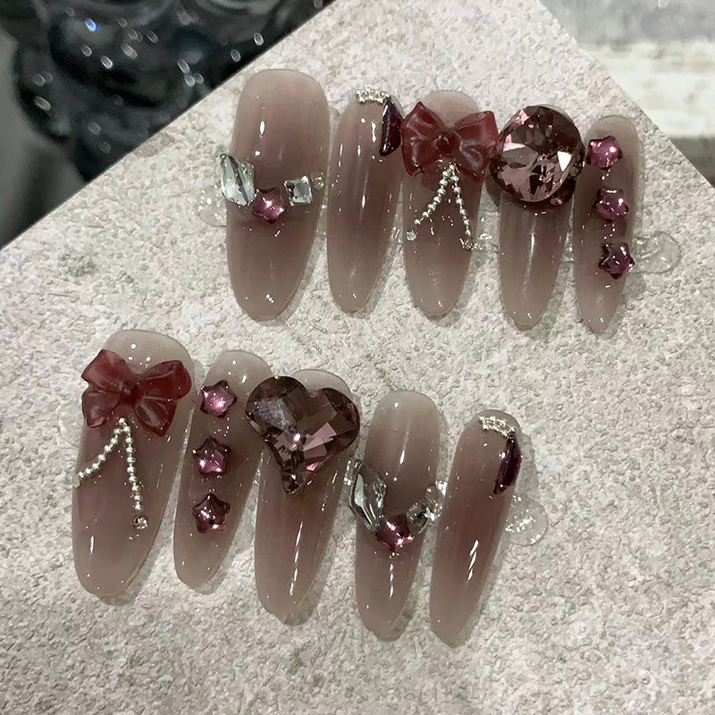 10pcs Wine Red Long Oval Handm - Nail Art Red Wine ulasan dan harga