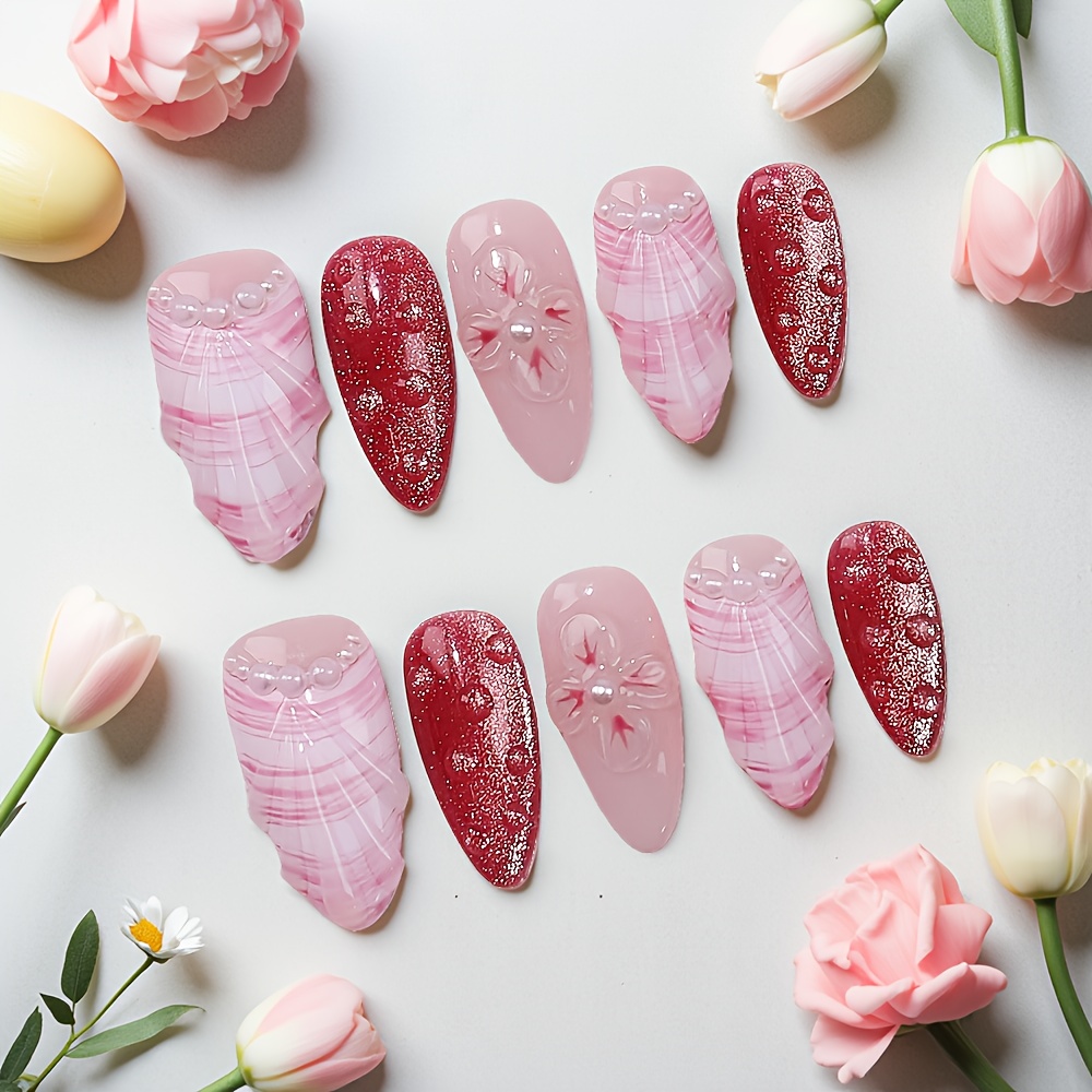10pcs Medium Almond Handmade P - Nail Art Pink ulasan dan harga