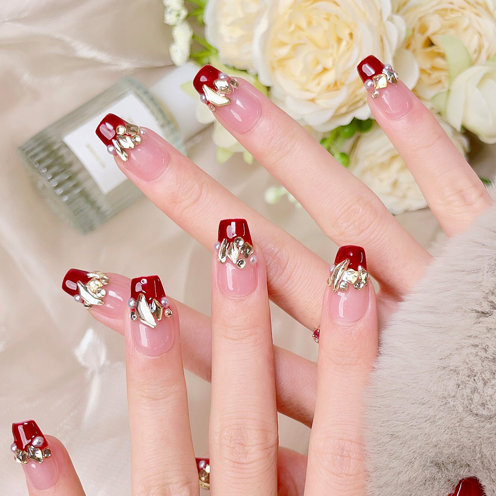 10pcs Short Trapezoid Handmade - Nail Art Red Wine ulasan dan harga