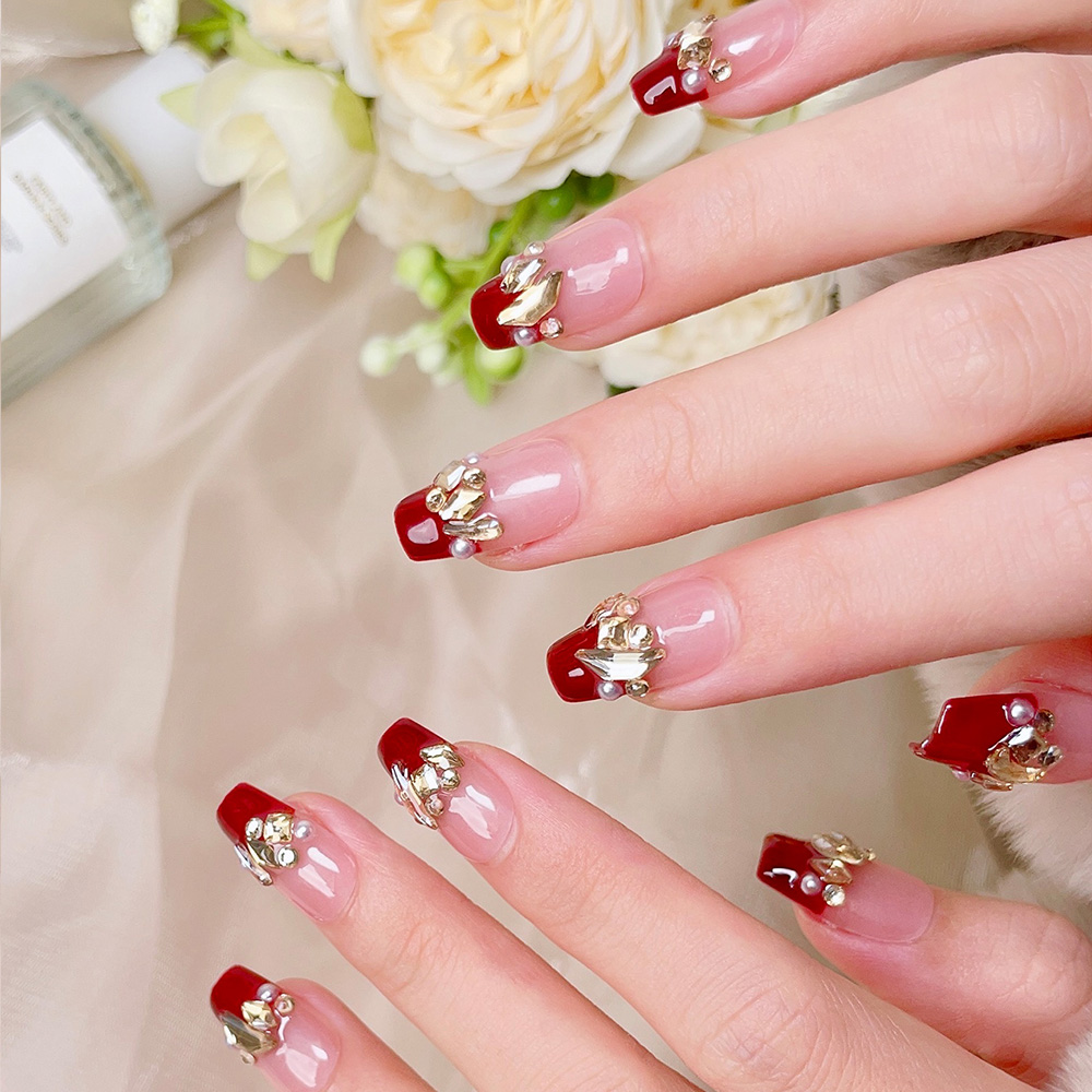 10pcs Short Trapezoid Handmade - Nail Art Red Wine ulasan dan harga